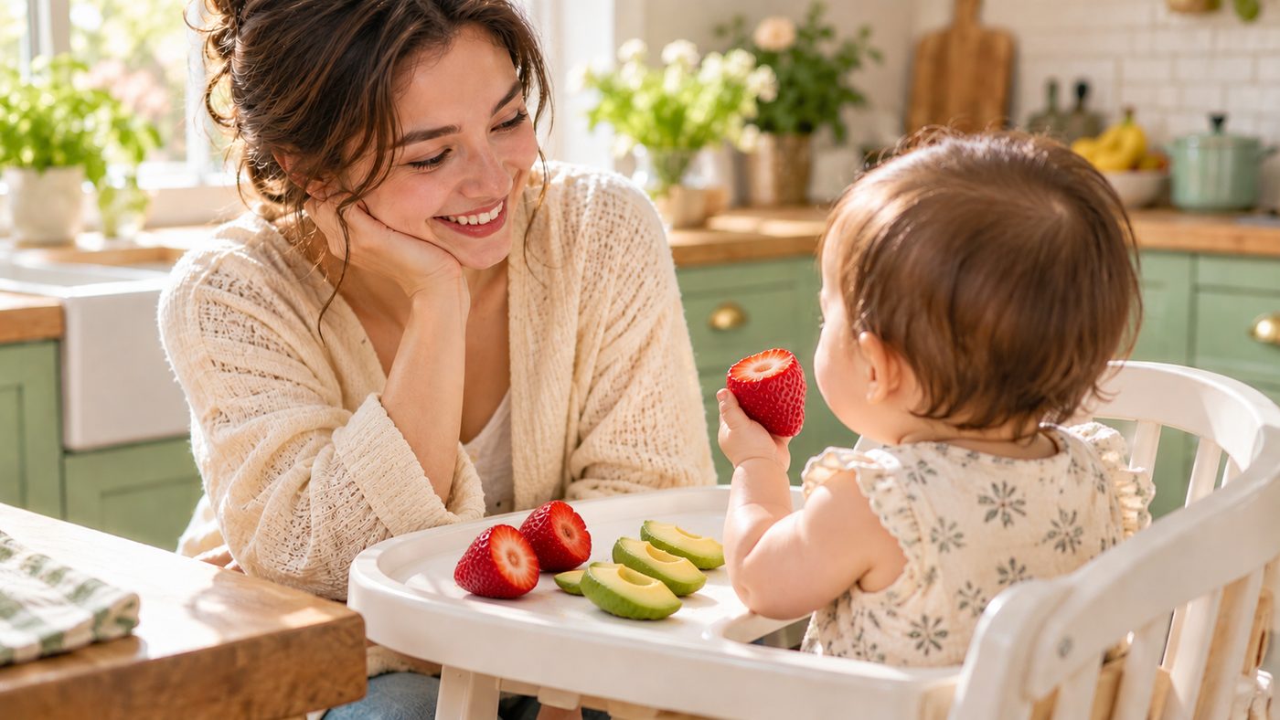A smiling mother watches her baby hold a large strawberry in a high chair, with avocado spears on the tray