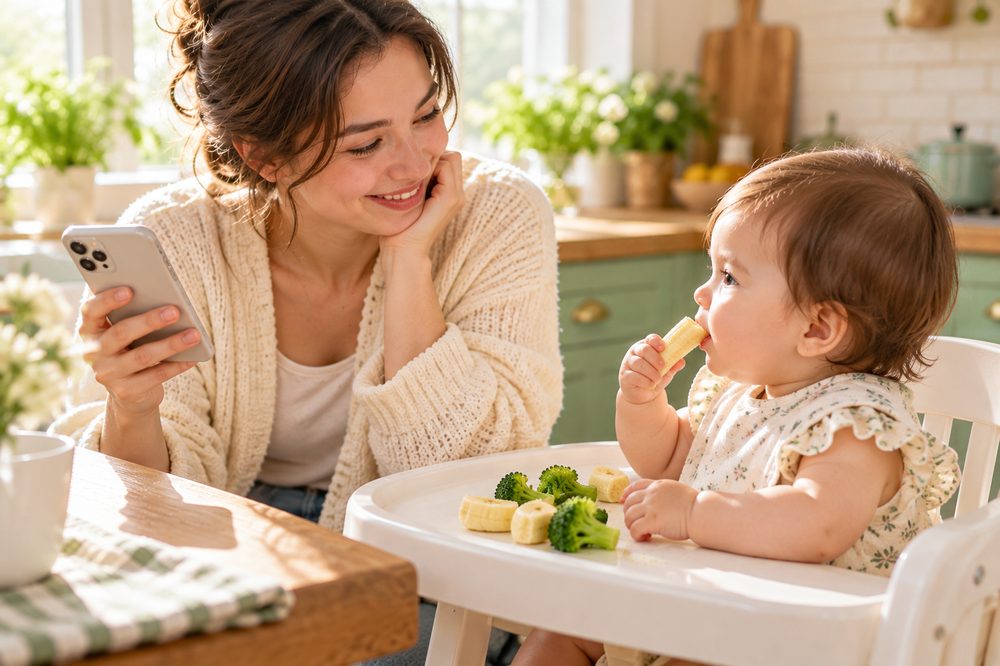 A mother holds her phone and smiles at her baby, who is eating banana and broccoli in a high chair